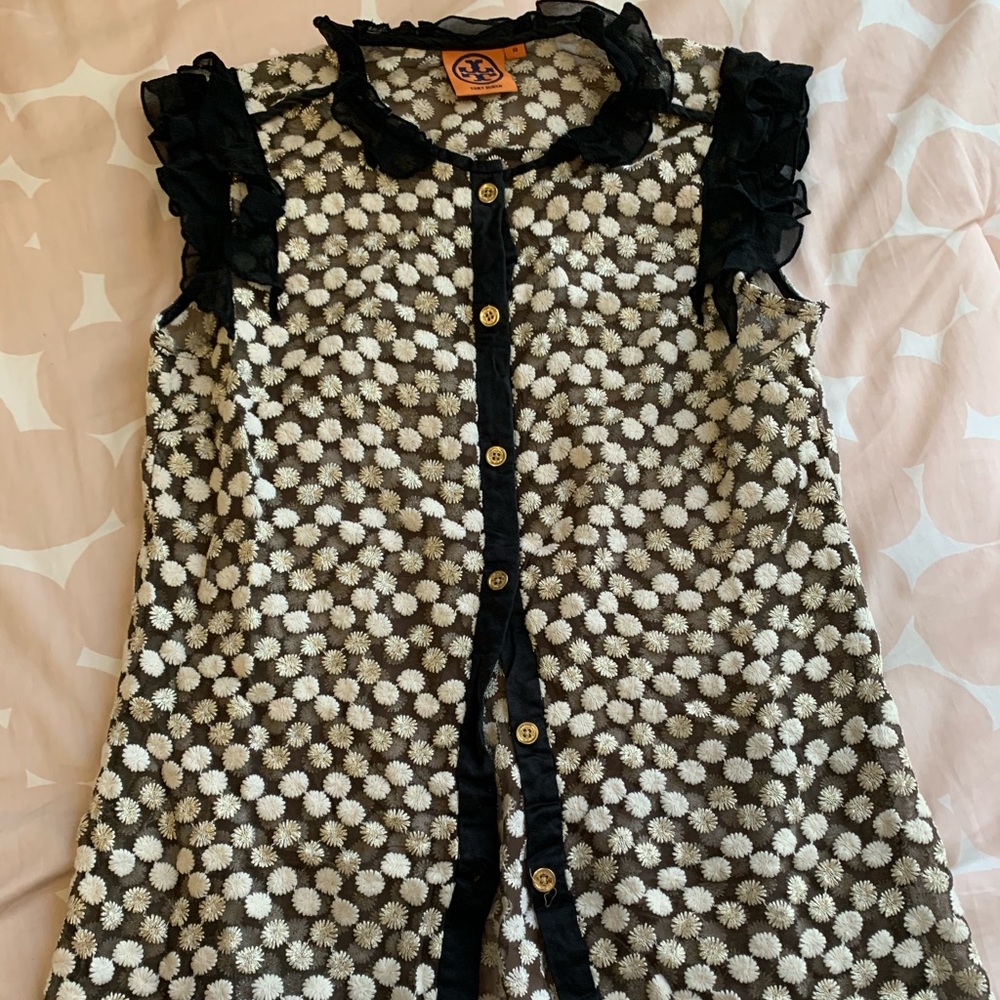 Tory Burch Sheer Black Ruffle Blouse